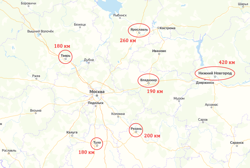 карта средней полосы России, куда поехать из Москвы на 2 дня